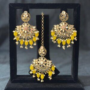 Gold Plated Yellow Beaded Jhumka Earrings with Maang Tikka